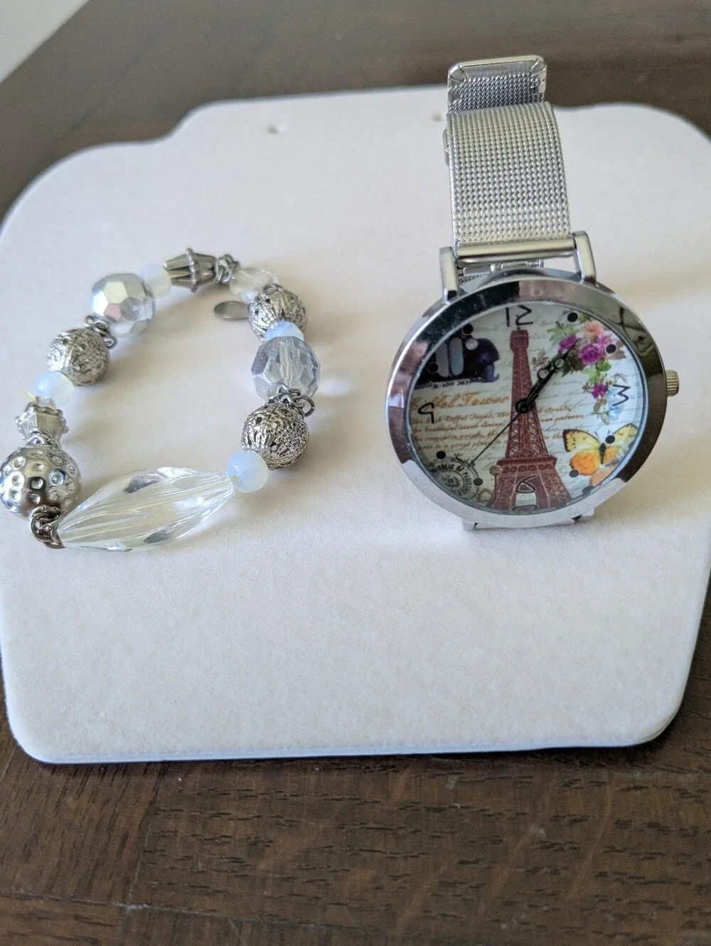 New Silver Mesh Strap Watch with Silver and Clear Beaded Bracelet